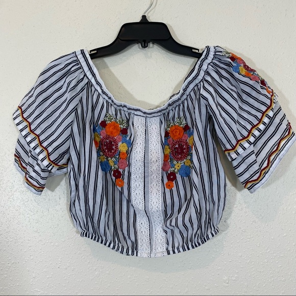 Off the Shoulder Top Embroidered Striped CROP TOP Elastic Waistline - Picture 2 of 12